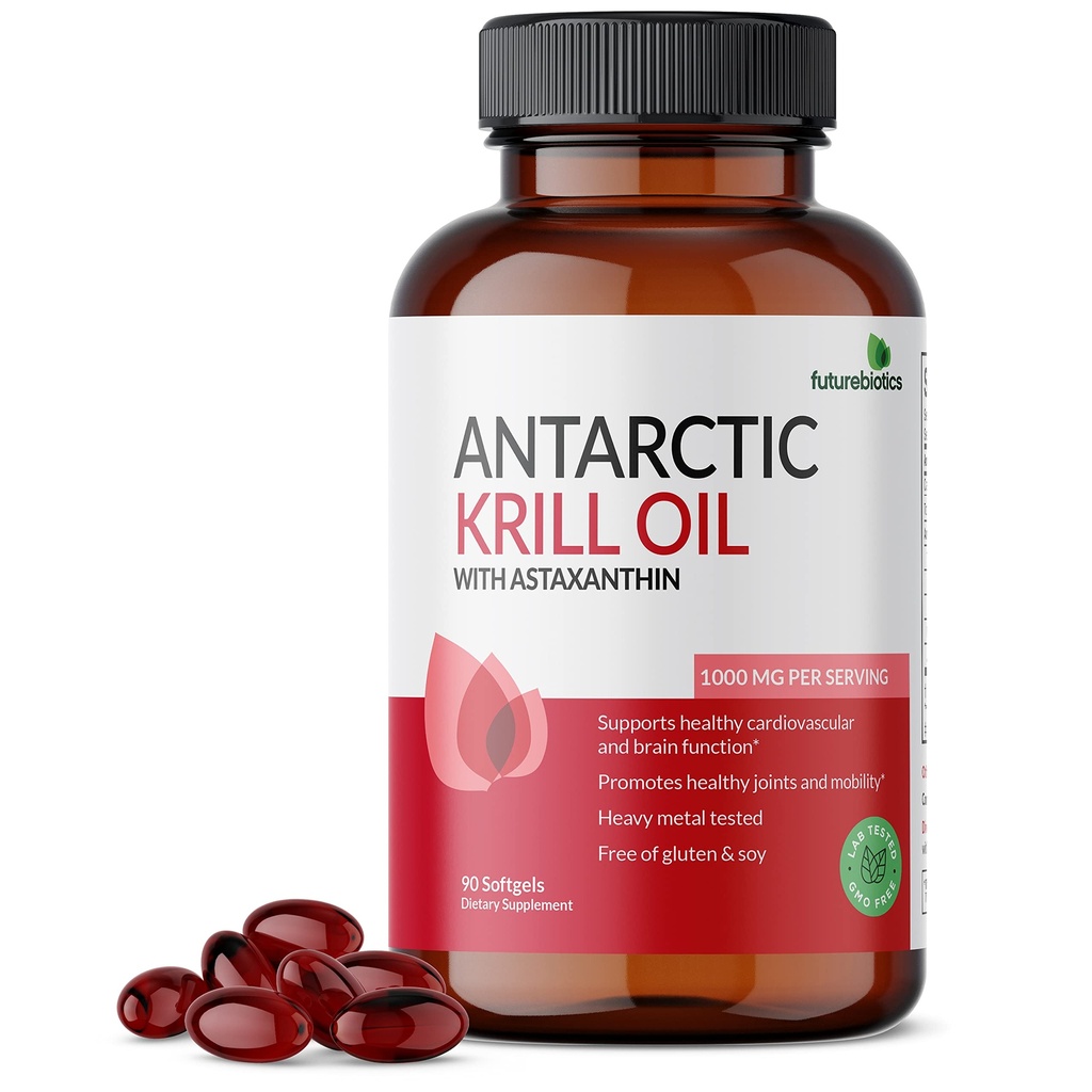Futurebiotics Antarctic Krill Oil 1000mg with Omega-3s EPA, DHA, Astaxanthin and Phospholipids - Premium Krill Oil Heavy Metal Tested, Non GMO – 90 Softgels (45 Servings)