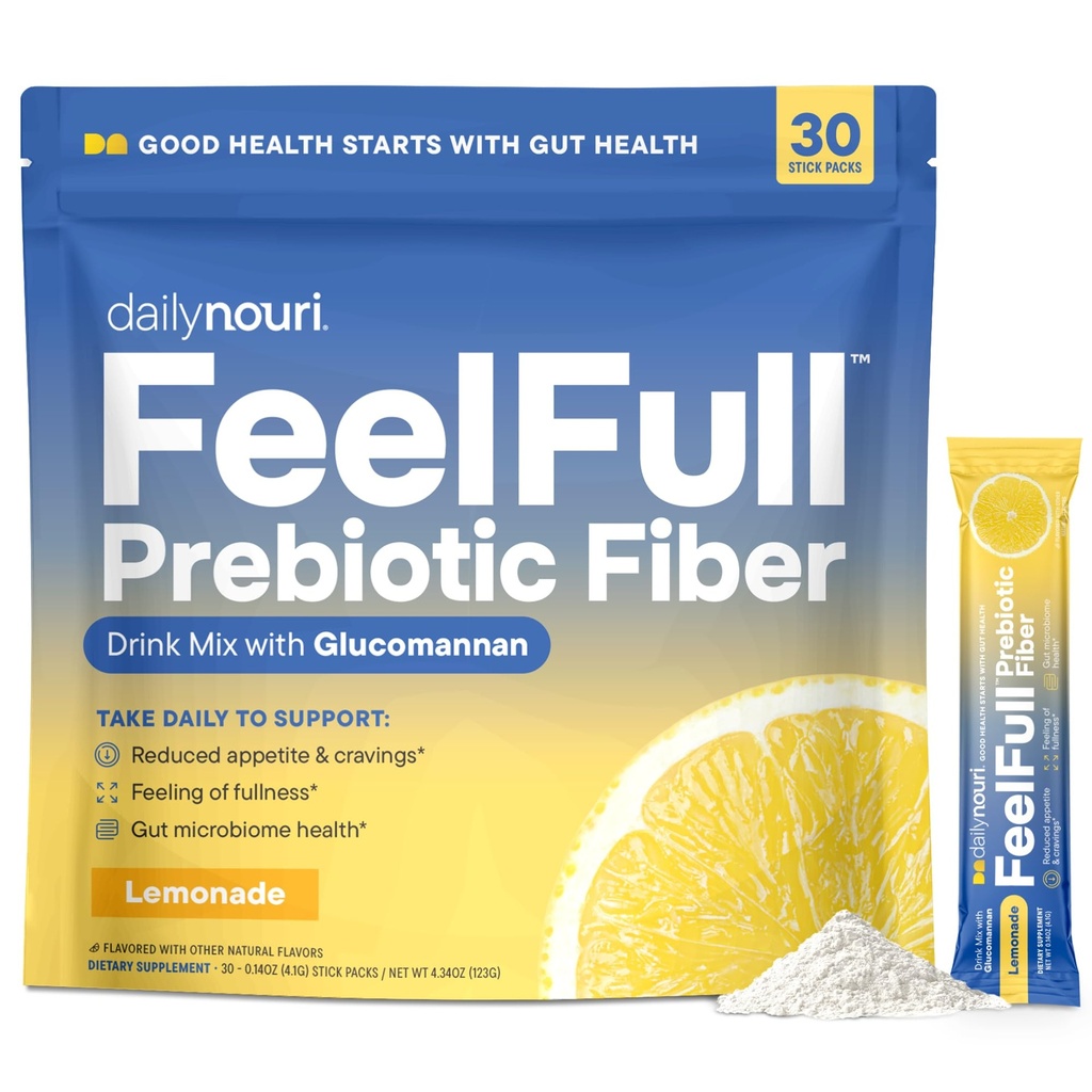 Daily Nouri FeelFull Prebiotic Fiber Drink Mix | Prebiotic Fiber for Fullness & Gut Health | Oligofructose + Glucomannan + Chromium | 30 Stick Packs