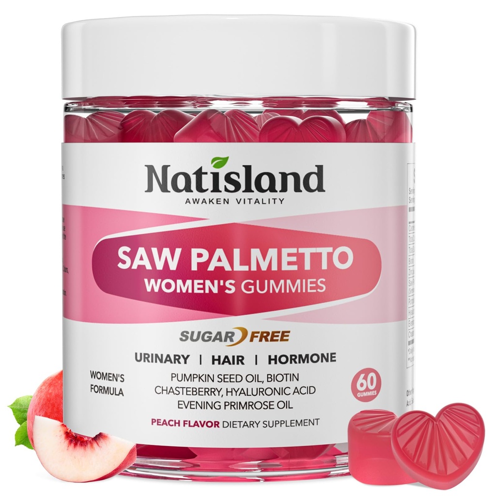 Saw Palmetto for Women Gummies, Organic Saw Palmetto with Pumpkin Seed Oil for Hair Growth, DHT Blocker & Urinary Health, Sugar Free, Vegan, Peach Flavor, 60 Chewable