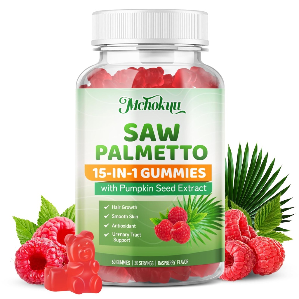 Saw Palmetto Gummies 600mg for Men & Women – Pumpkin Seed Oil Gummies with Saw Palmetto Supplement for Hair Growth & Skin Health, DHT Blocker - Sugar Free, Non-GMO, Raspberry Flavor 60 Count