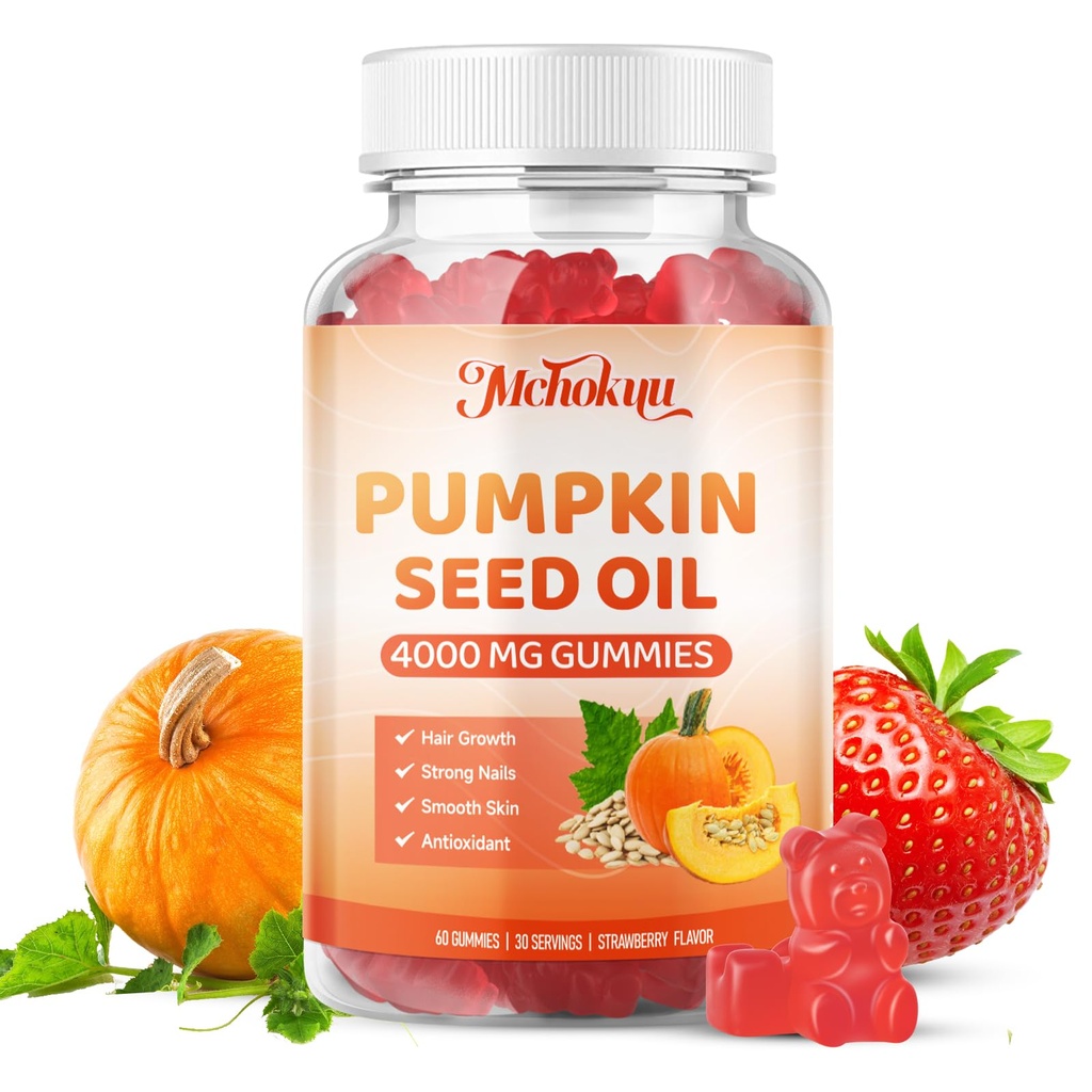 Pumpkin Seed Oil Supplement Gummies with Saw Palmetto for Hair Growth & Skin Health Support, High Pure Extract for Women & Men Extra Strength Pumpkin Seed, Strawberry Flavor, 60 Count