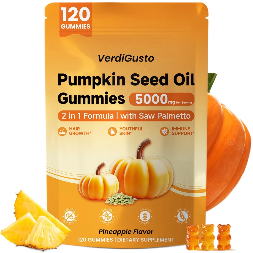 120 Count Pumpkin Seed Oil Gummies with Saw Palmetto | 5,000 mg Cold-Pressed Extract | Sugar-Free Pineapple Flavor | Supports Hair, Skin & Prostate Health | Pumpkin Seed Oil Supplement for Men & Women