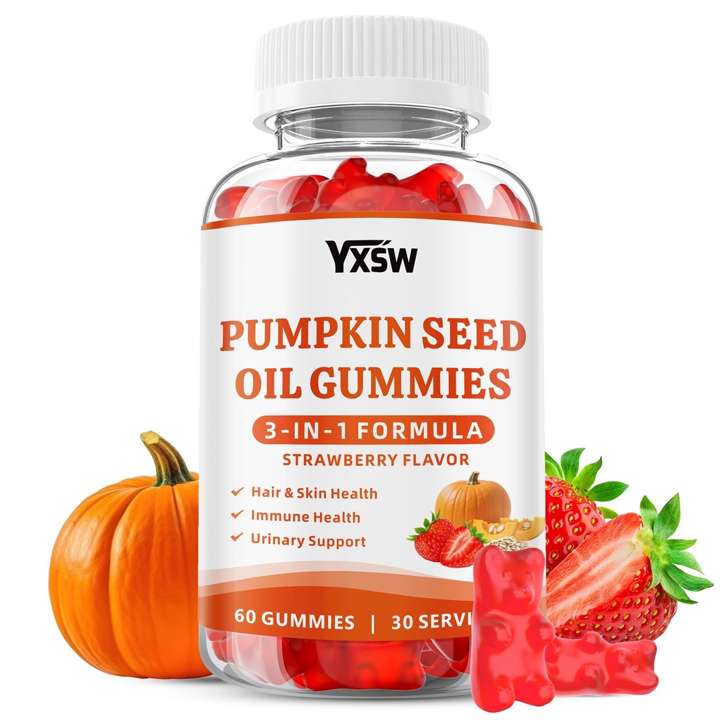 Pumpkin Seed Oil Gummies with Saw Palmetto, Organic Pumpkin Seed Oil Supplement for Hair Growth & Skin Health, Prostate Health, High Pure Extract for Women Men, Strawberry Flavor, 60 Count