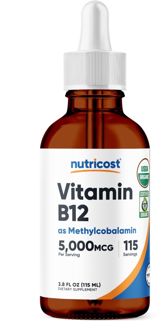 Nutricost Organic Vitamin B12 (Methylcobalamin) Liquid Drops (5,000mcg) | 3.8 Fl. Oz, USDA Organic, OTCO Certified, Vegetarian-Friendly, GMO-Free, Gluten-Free, 115 Servings
