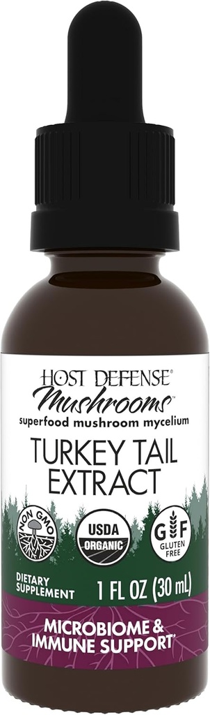 Host Defence Turkey Uodegos - Digestive Health & Immunal Response Support Addition - Grybų priedas Virškinimo trakto & Gut Microbiome Support - 1 fl oz (30 Paslaugos)