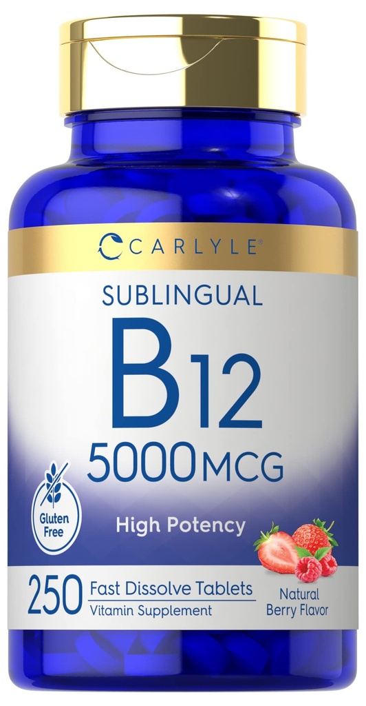 Carlyle B12 Vitamin 5000 mcg Sublingual | 250 Fast Dissolve Tablets | High Potency | Natural Berry Flavor | Vegetarian, Non-GMO & Gluten Free
