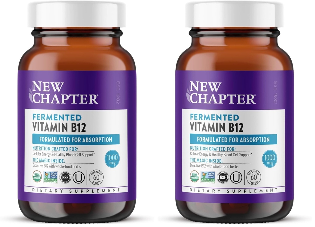 New Chapter Fermented Vitamin B12 1,000 mcg,USDA Organic,Daily for Cellular Energy + Healthy Blood Cells,Certified Vegan,Gluten Free -,60 Count (Pack of 2)