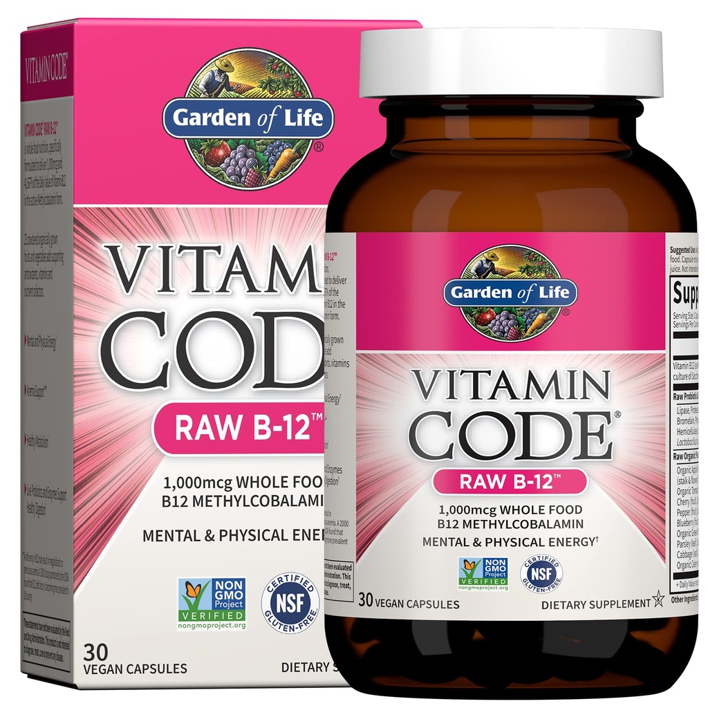 Garden of Life Vitamin Code Raw B-12-30 Capsules, 1,000mcg Whole Food B12 Methylcobalamin for Energy, Vegan Methylcobalamin Vitamin Plus Probiotics and Enzymes, Gluten Free Supplements (Pack of 6)