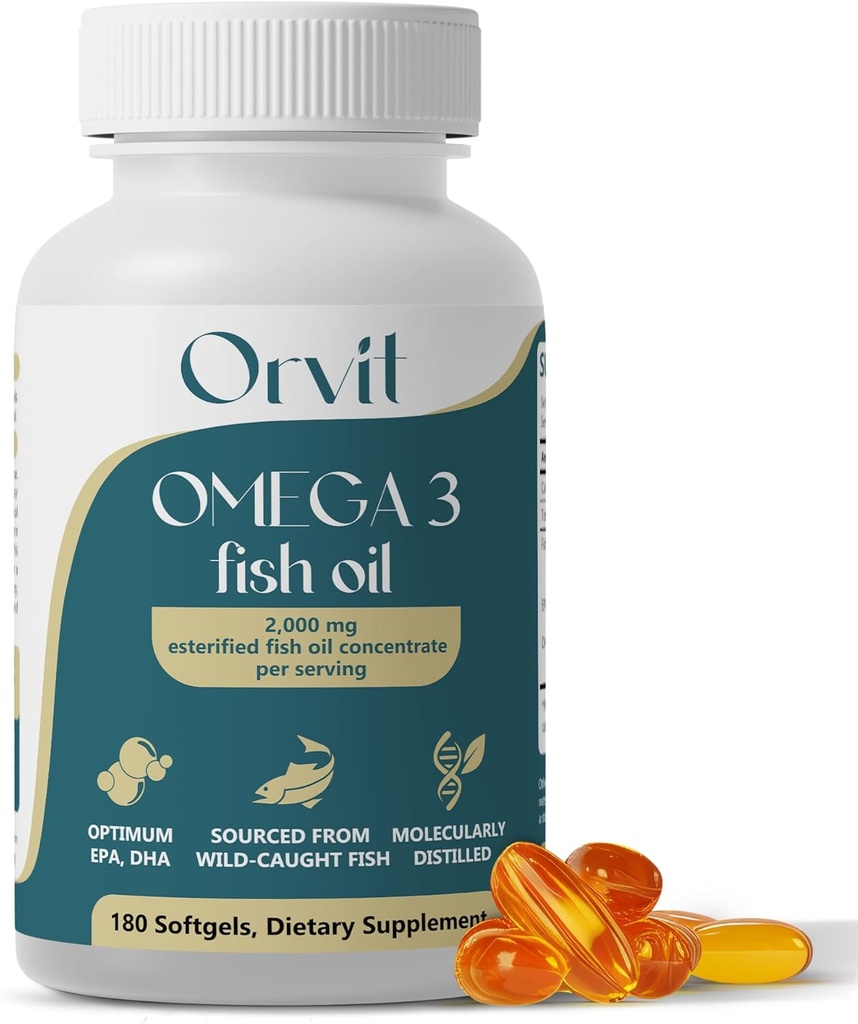 ORVIT Omega 3 Fish Oil Softgel 2000 mg - Ultimate EPA DHA Supplement for Men and Women - Burpless - No Fishy Taste - Unflavored 180 Softgels - Organic, Non GMO - Made in The USA