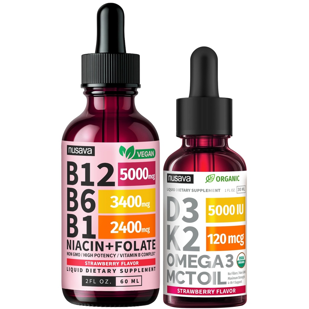 (2-Pack) Vitamin B12 and B6 Methylcobalamin Liquid Drops (Strawberry) with (2-Pack) Vitamin D3 K2 Drops Bundle, B12 5000 mcg Sublingual, D3 5000 IU with MCT Oil and Omega 3 (Strawberry) 2 Fl Oz