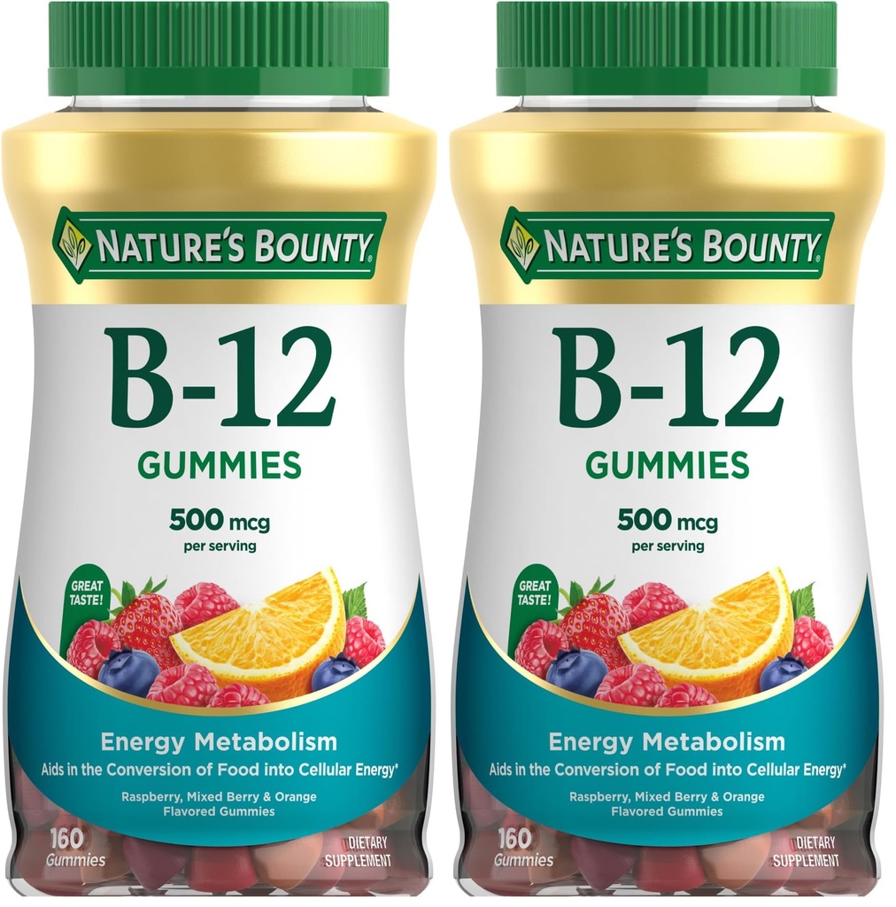 Nature's Bounty Vitamin B12 Gummies, Dietary Supplement, Supports Energy Metabolism and Nervous System Health, Mixed Berry Flavor, 500mcg, 160 Count (Pack of 2)