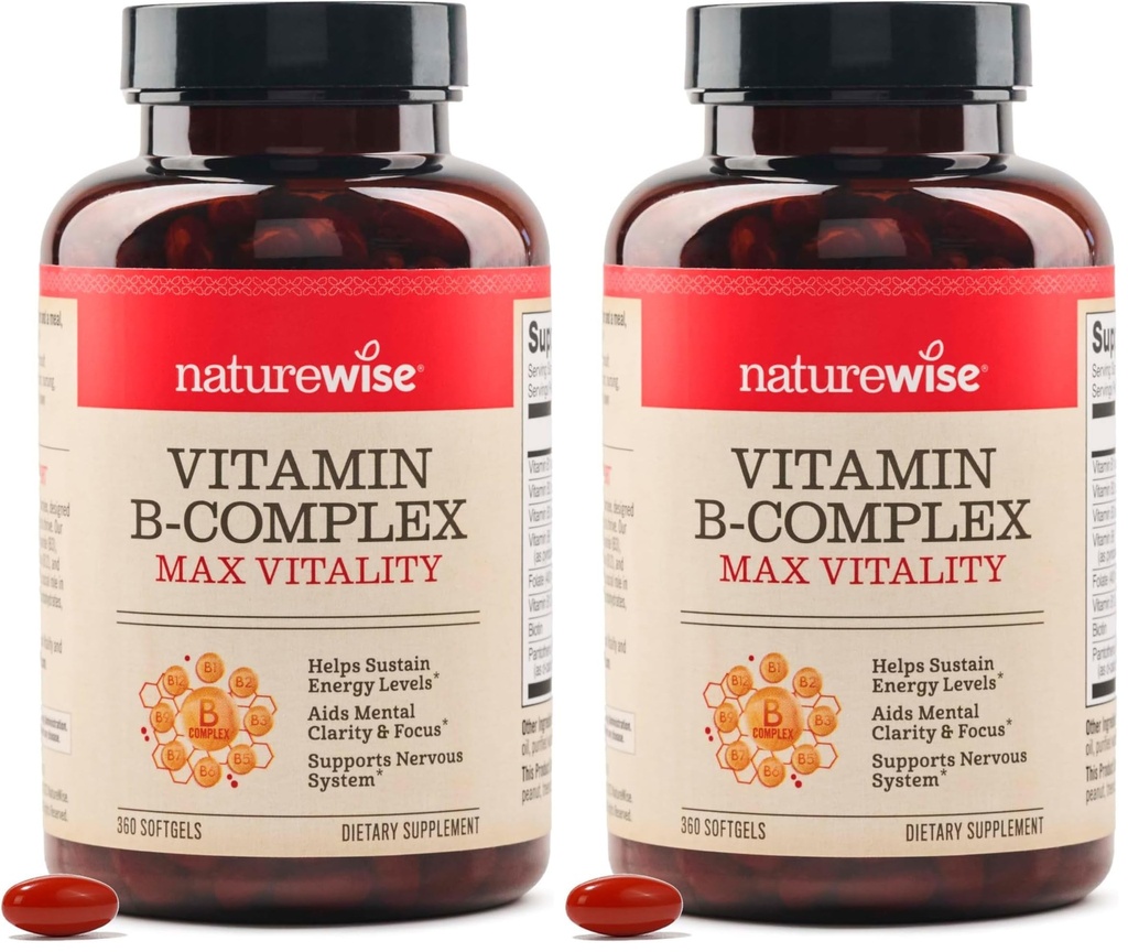 NatureWise Vitamin B Complex for Women and Men-with Folic Acid Biotin B1 B2 B3 B6 B12 - Support Cellular Energy & Mental Clarity - Gluten & Dairy Free, Non-GMO-360 Softgels[1-Year Supply],(Pack of 2)