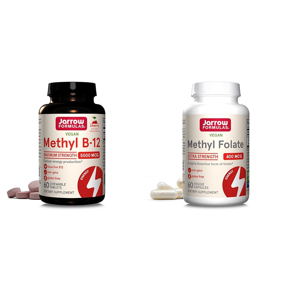 Jarrow Formulas Maximum Strength Methyl B-12 5000 mcg, Dietary Supplement Extra Strength Methyl Folate 400 mcg, Dietary Supplement for Cardiovascular