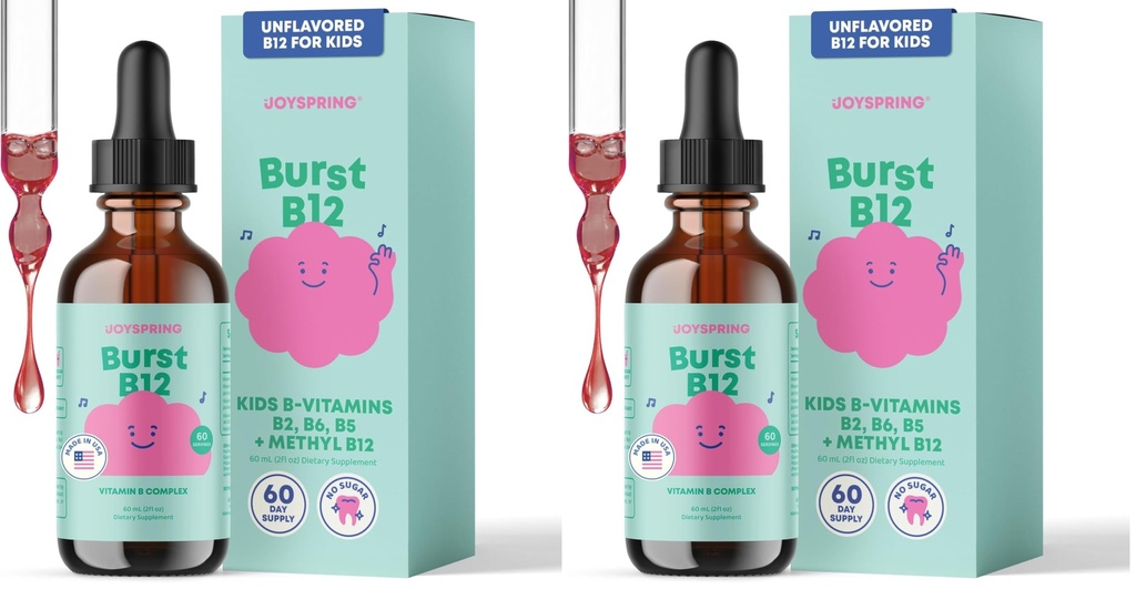 JoySpring Burst B12 Drops - Vitamin B Complex for Kids with Methyl B12 Supplement to Support Healthy Growth & Development, Vegan Liquid B12 Drops, Ages 3-16+ | 2 fl oz (60 Servings) (Pack of 2)