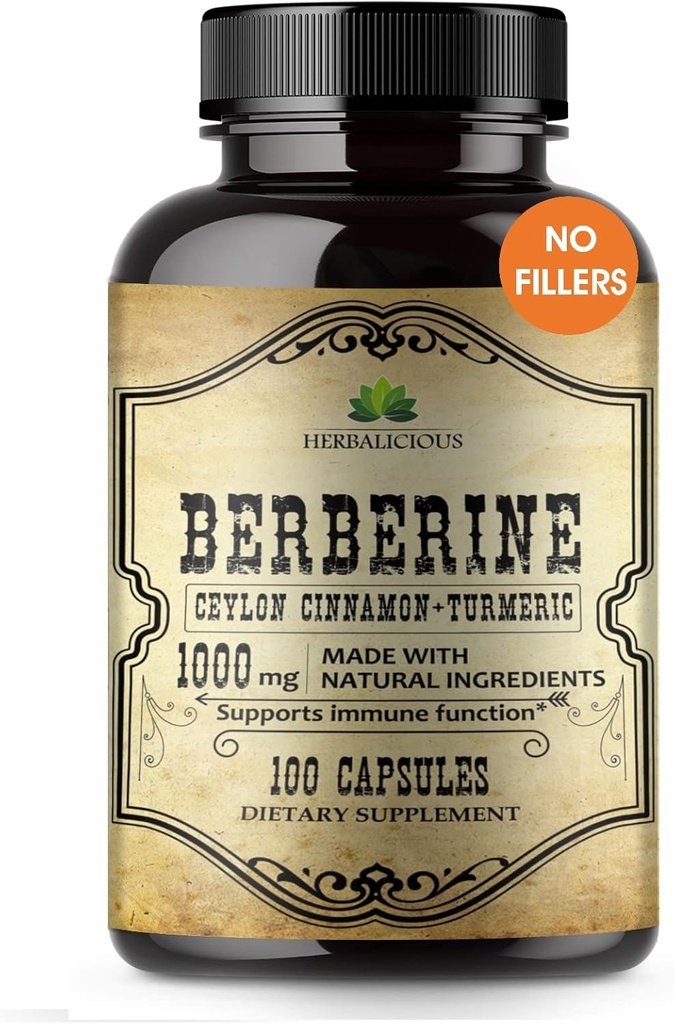 Berberine Capsules Ceylon Cinnamon & Turmeric - Berberine HCL Дієтичні добавки для чоловіків і жінок - Не GMO Berberine 1000mg - Ідеально підходить для імунної підтримки, серця, рівень холестерину