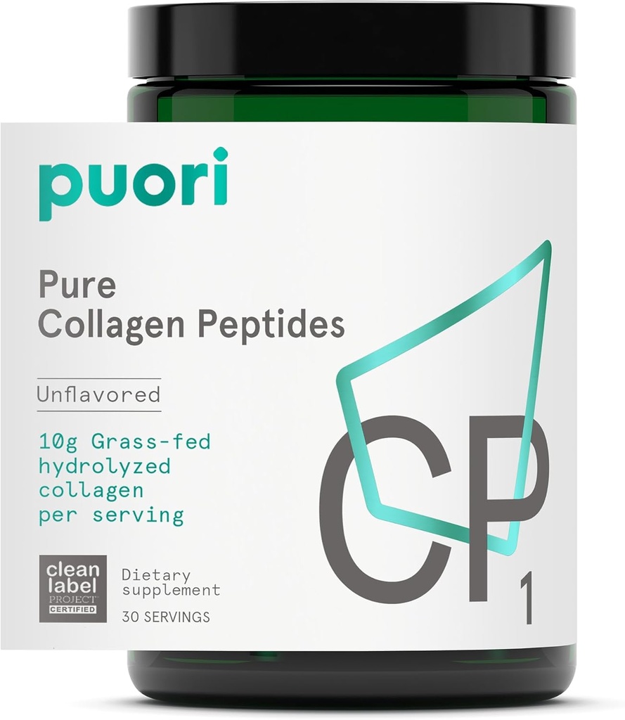 Poudre Puori Pure Collagen Peptides, non aromatisée - 10g de collagène bovin hydrolysé à l'herbe soutient la santé de la peau, les cheveux et la force des ongles, la douleur articulaire et le soutien de la mobilité - 30 portions