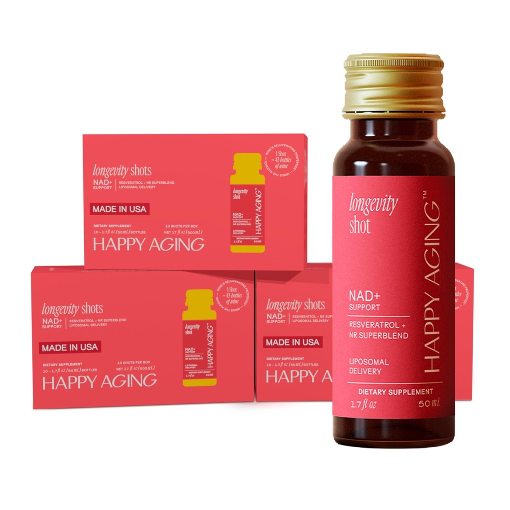Happy Aging Liquid NAD+ Resveratrol Supplement, NMN Alternative, Liposomal Nicotinamide Riboside & Antioxidants for Energy Support, Brain Health, Firm Skin, Twice Weekly Use, 30 Shots