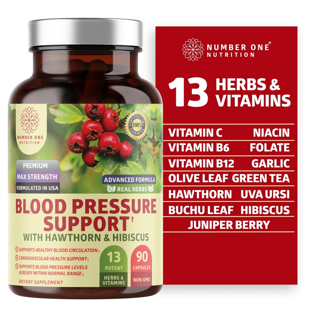N1N Premium Blood Pressure Support with Hawthorn and Hibiscus, Natural Supplement to Support Blood Flow Health, 90 Caps