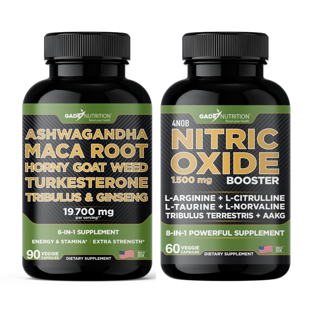 Gade Nutrition Ashwagandha with Maca Root, Horny Goat Weed, Turkesterone, Tribulus Terrestris, Panax Ginseng + Nitric Oxide Booster - Bundle for Energy, Vitality, Performance, Pump