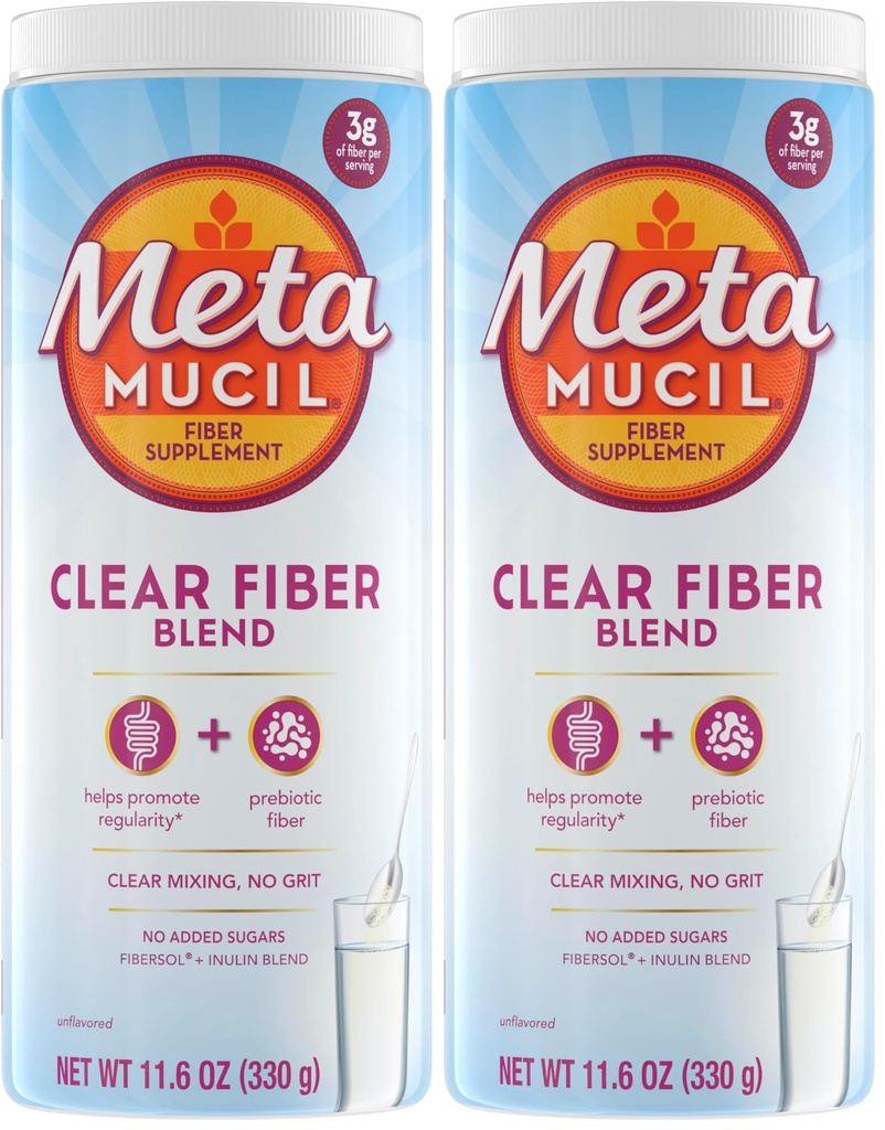 Metamucil Fiber Supplement,Unflavored Clear Mixing Powder,No Grit,No Sugar Added,Plant Based Prebiotic Fiber Supplement Blend for Daily Digestive Health,75 teaspoons,(Pack of 2)