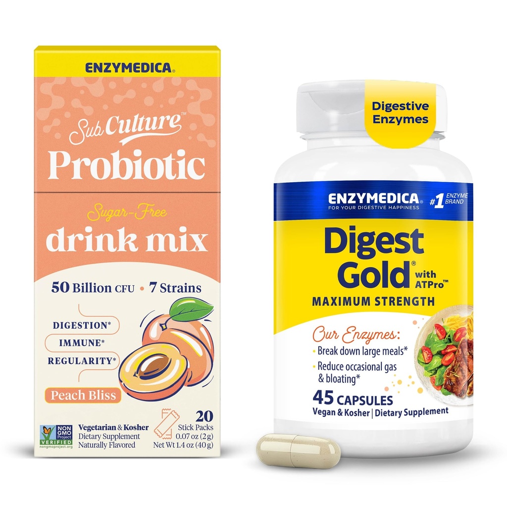 Enzymedica Digest Gold & SubCulture Probiotic Drink Mix Powder - Digestive Enzyme Supplement for Women & Men, Helps Gas & Bloating, Probiotics for Gut Health 50 Billion CFU, Peach Bliss - Pack of 2