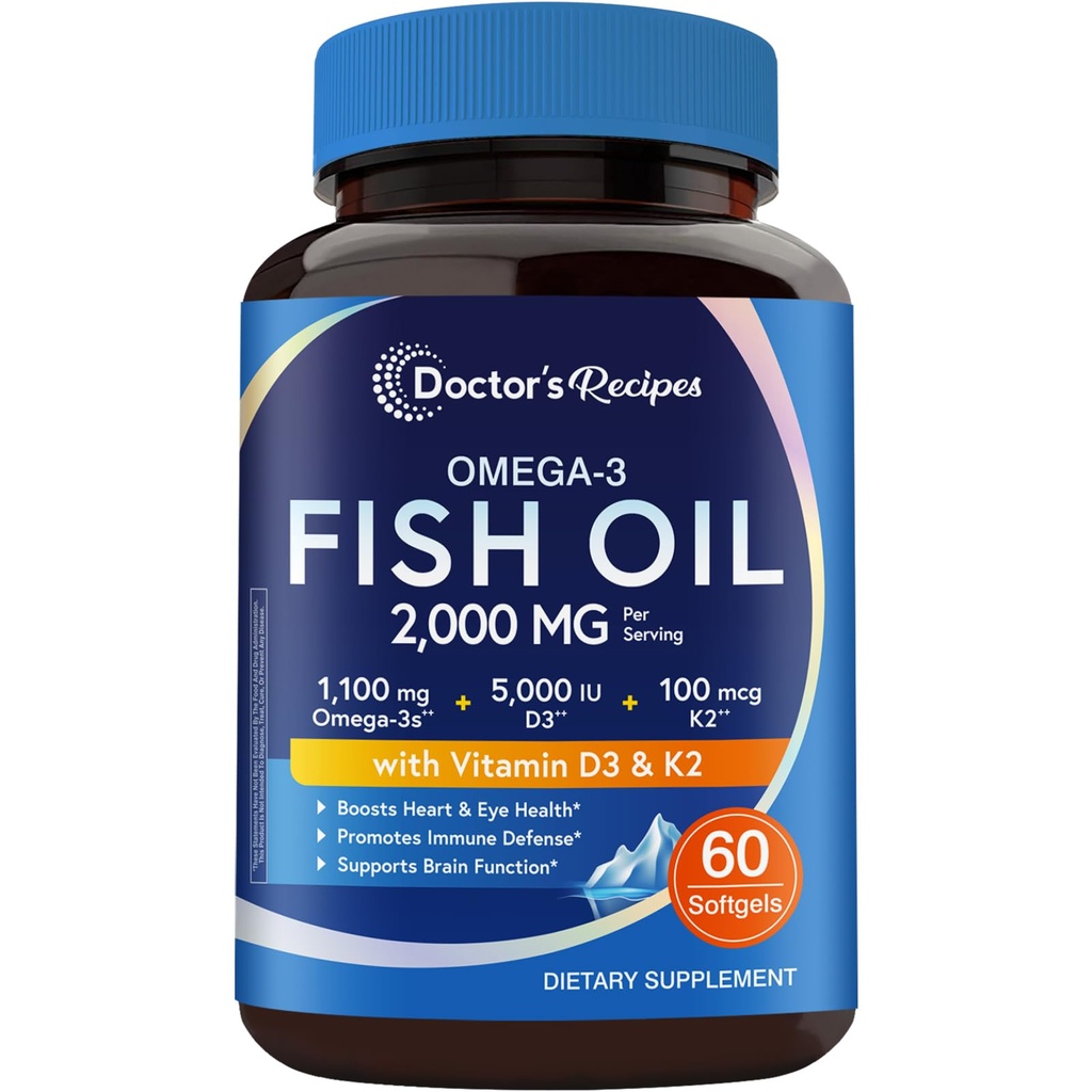 Doctor's Recipes Omega-3 Fish Oil with Vitamin D3 K2, 1100 mg Omega-3 Fatty Acids, D3 5000 iu & K2 100 mcg, for Healthy Heart Brain Eye Support, for Women and Men 60 Softgels
