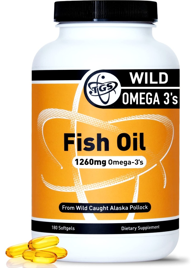 TGS Extra Strength Omega 3 Fish Oil Supplement - 1260mg EPA DHA for Men & Women - Burpless, Pure Omega 3 Fatty Acids from Wild Alaska Pollock in Triglyceride Form - 180 Capsules, 90 Servings