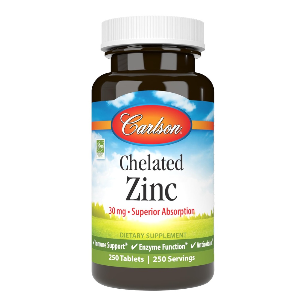 Carlson Chelated Zinc 30 mg – Zinc Glycinate Chelate Supplement – Superior Absorption, Immune & Enzyme Support, Antioxidant, 250 Tablets