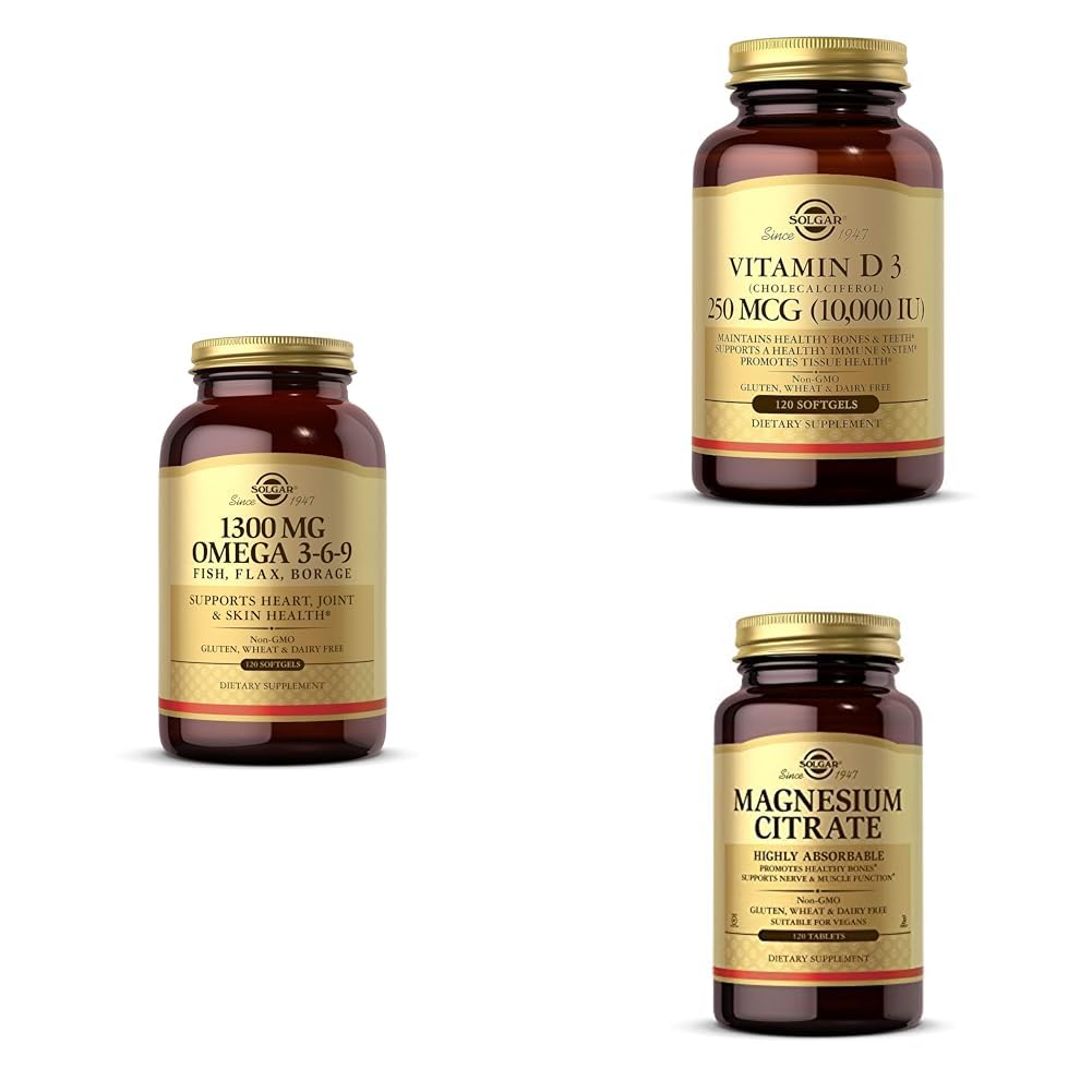 Solgar Omega-3-6-9, Vitamin D & Magnesium Bundle Omega-3-6-9-, 120 Softgels + Vitamin D3 (Cholecalciferol) 250 MCG (10,000 IU), 120 Softgels + Magnesium Citrate, 120 Tablets