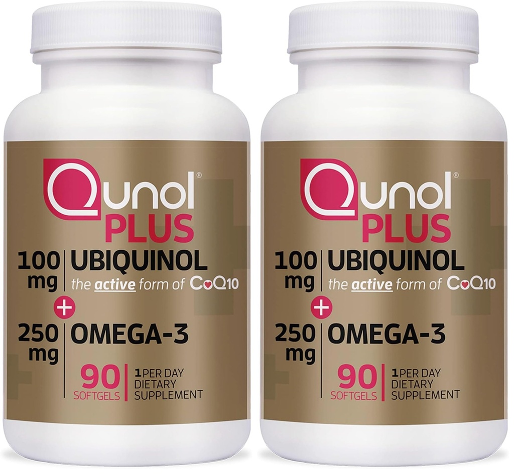 Qunol Plus Ubiquinol CoQ10 100mg with Omega 3 Fish Oil 250mg,Extra Strength Antioxidant Supplement,90 Count (Pack of 2)