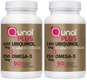 Qunol Plus Ubiquinol CoQ10 100mg with Omega 3 Fish Oil 250mg,Extra Strength Antioxidant Supplement,90 Count (Pack of 2)