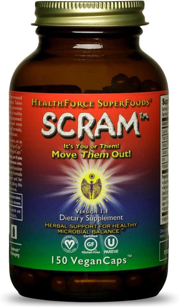 HealthForce SuperFoods Scram - Gyógynövény kiegészítés Milk Thistle, Wormwood & Black Walnut - Digestion Support kapszula - 150 Vegán kapszula