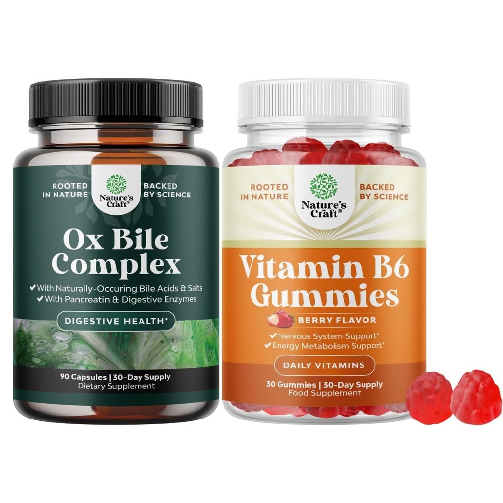 Bundle of Digestive Enzymes with Ox Bile Supplements for No Gallbladder for Pancrease Cleanse & Detox and Potent Vitamin B6 Gummies for Adults - Vitamin B Complex Supplements for Nervous System
