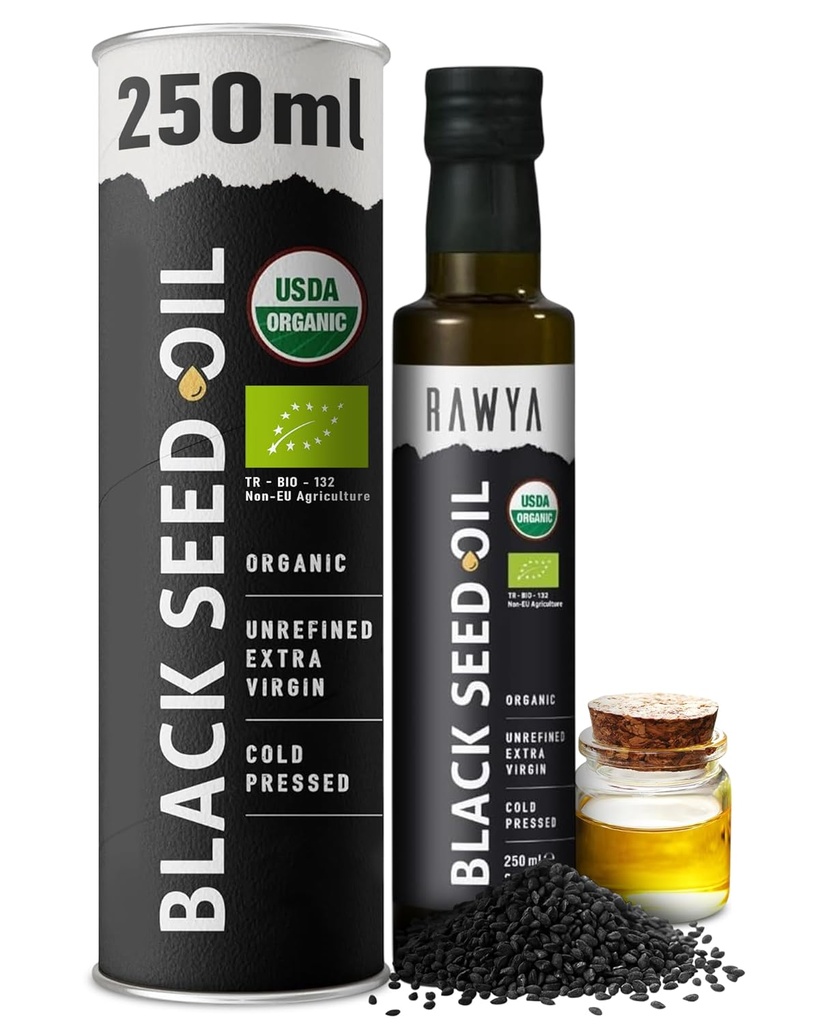RAWYA Black Seed Oil - USDA Organic Certified - Cold Pressed - 8,4 Fl oz - Extra Virgin - Turkey Black Cumin Seed - Premium Nigella Sativa s tymochinónom - Kalonji - non-GMO, Gluten-free - Nutritional Supplements - Extra silná chuť