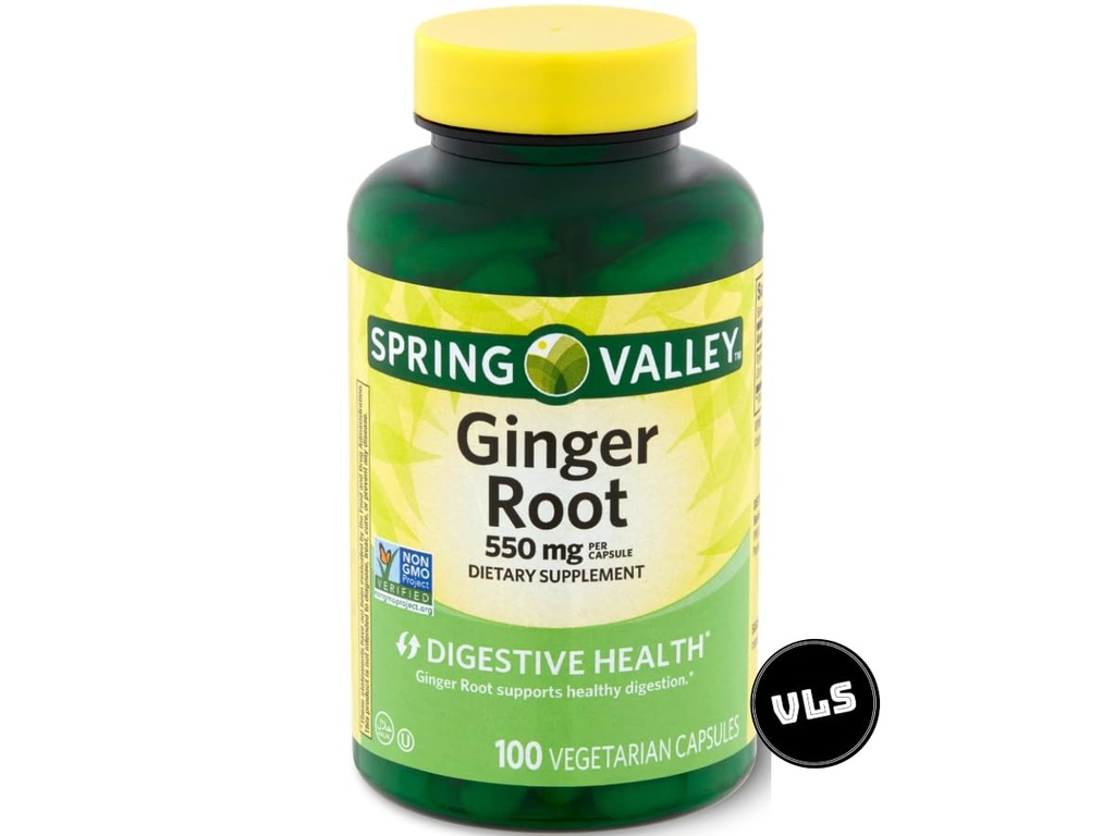 Spring Valley Ginger Root, 550 mg, Ginger Root Dietary Supplement, Ginger Root Capsules, Ginger Root, 100 Count + VLS Sticker Included