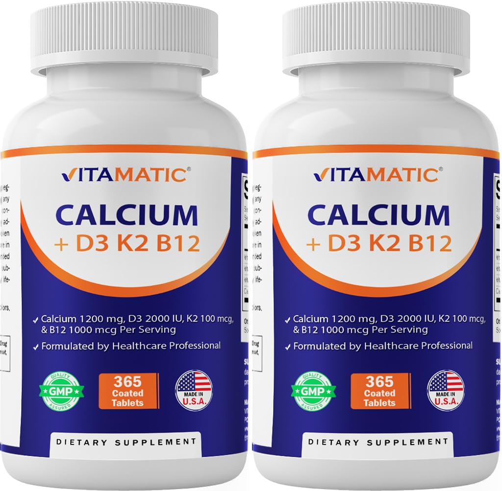 Vitamatic Calcium Supplement 1200mg with D3, K2 & B12, Immune & Bone Health Support - 365 Coated Tablets- 2 Pack