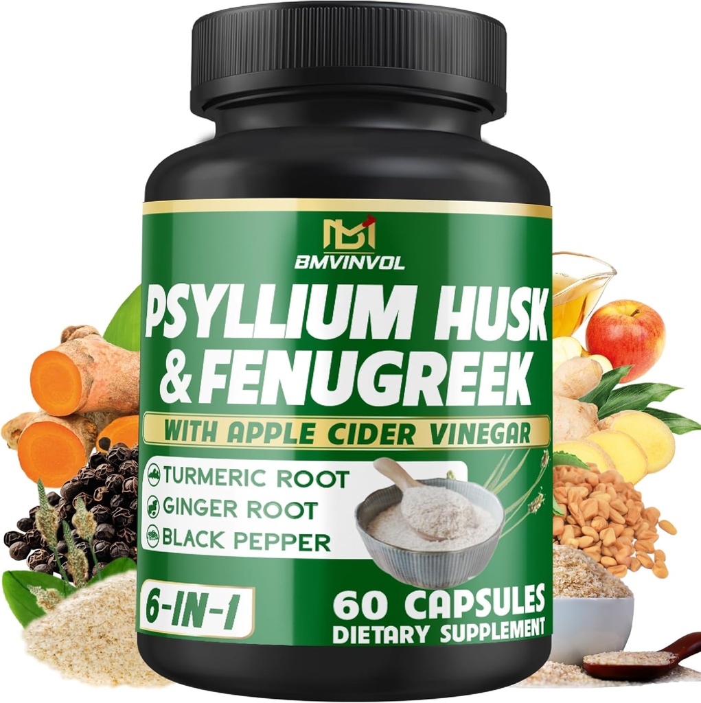 BMVINVOL Psyllium Husk Fiber Addition t with Fenugreek, Apple Cider Vinact, Turmeric, Ginger, Black Peper- Digestion Health Support - 60 Capsules