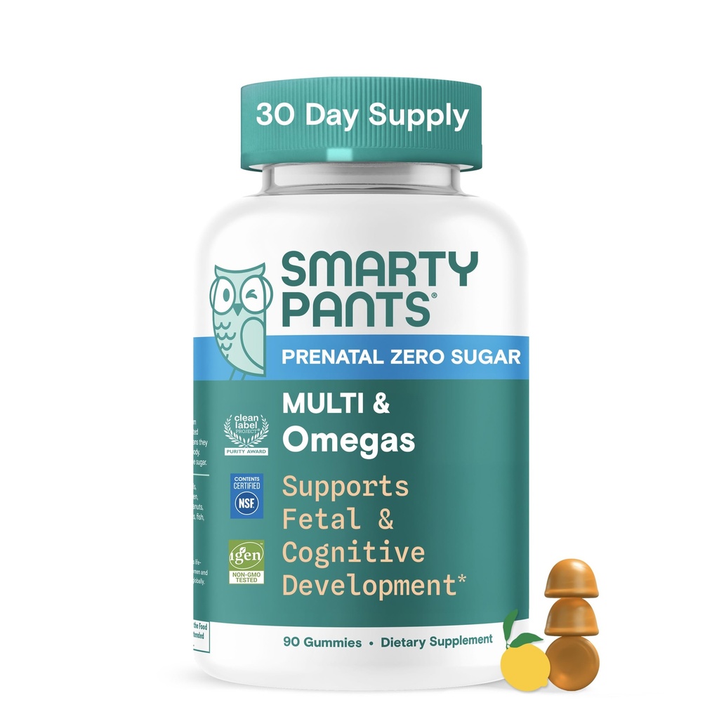 SmartyPants Zero Sugar Prenatal Multi & Omegas Multivitamin Gummies with Omega 3 ALA, Methylfolate, Biotin, Vitamins D3, C, No Sugar Alcohols, Clean Label, Lemon Flavor, 90 Gummies (30 Day Supply)