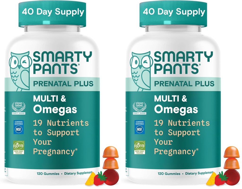 SmartyPants Prenatal Multivitamin Gummies, Omega 3 (DHA/EPA), Methylfolate, Biotin, Vitamin D3, C, Vitamin B12, B6, A, K & Zinc, Gluten Free, 120 Count (40 Day Supply) (Pack of 2)