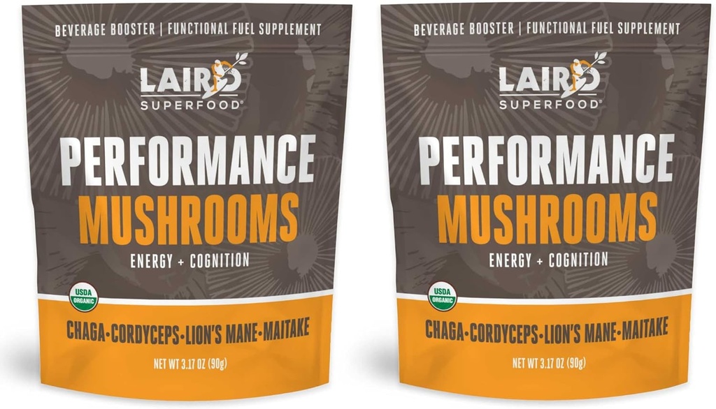 Chaga, Cordyceps, Lion's Mane 및 Maitake와 Laird Superfood Organic Performance Mushroom Blend는 에너지 및 Cognition, 3.17 온스에 적합합니다. 부대, 2의 팩
