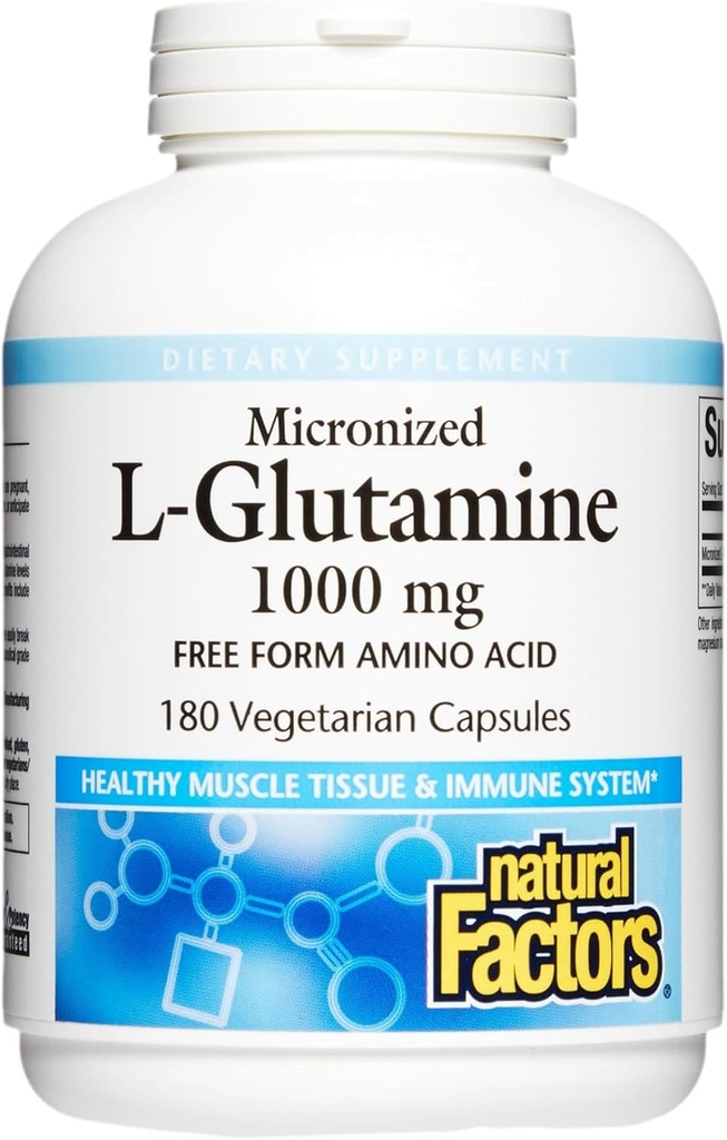 Fatores Naturais, L-Glutamina micronizada 1000 mg, Suporta Músculos e Função Imune, 180 Cápsulas