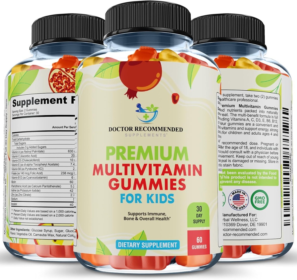 Premium Multivitaminici per bambini e bambini - Chewable Essential Vitamine giornaliere A, C, D3, E, B6, B12, Biotin - No High-Fructose-Corn-Syrup o Dolci artificiali - 60 Gummies, 30-Day Supply