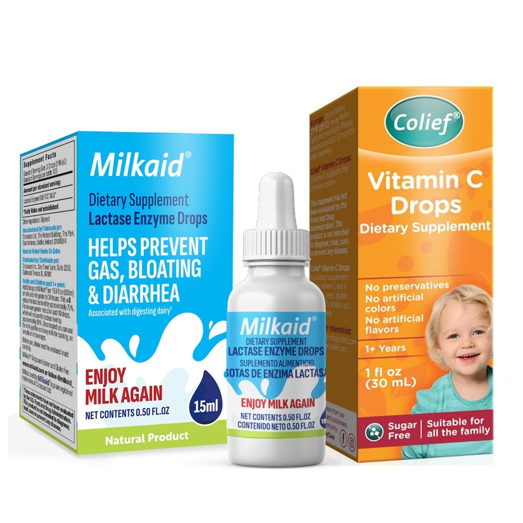Milkaid Lactase Enzyme Drops for Lactose Intolerance | Prevents Gas, Bloating & Diarrhea And Colief Vitamin C Drops for Babies | Daily Immune Support for Infants Age +1 | Diary, Gluten and Preservativ