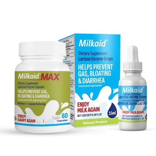 Milkaid Lactase Enzyme Drops for Lactose Intolerance & Max Lactase Enzyme Capsules | Fast Acting Dairy Digestive Supplement | Prevent Gas & Bloating | 0.50 FL.OZ. & 60 Capsules 9000 ALU