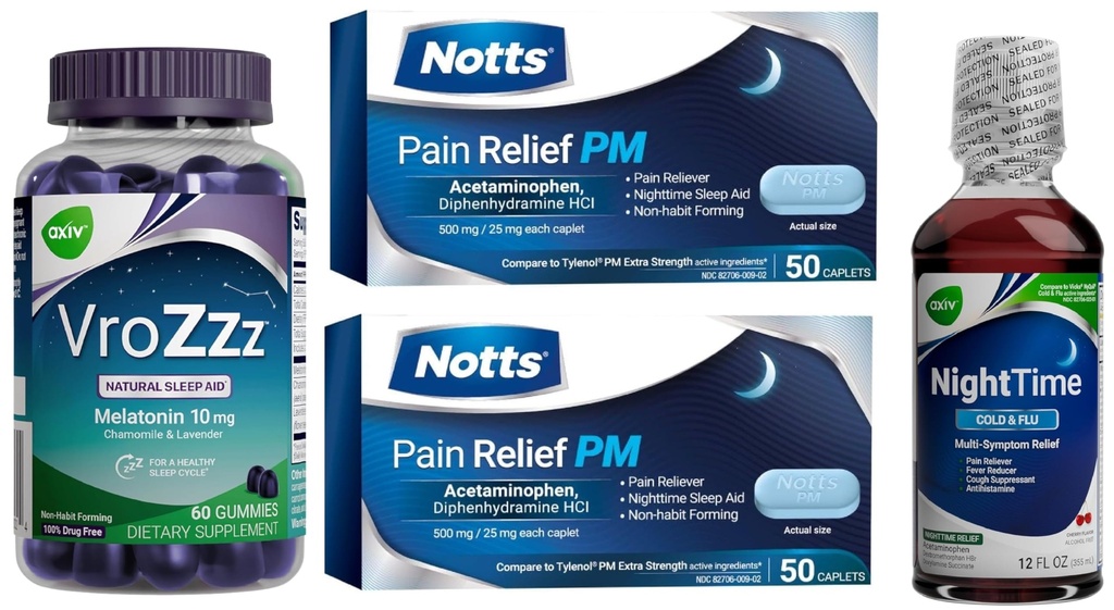 AXIV Sleep Aid & Pain Relief Bundle - VroZzz Melatonin Gummies, Nighttime Cold & Flu Liquid, and PM Extra Strength Pain Relief Caplets