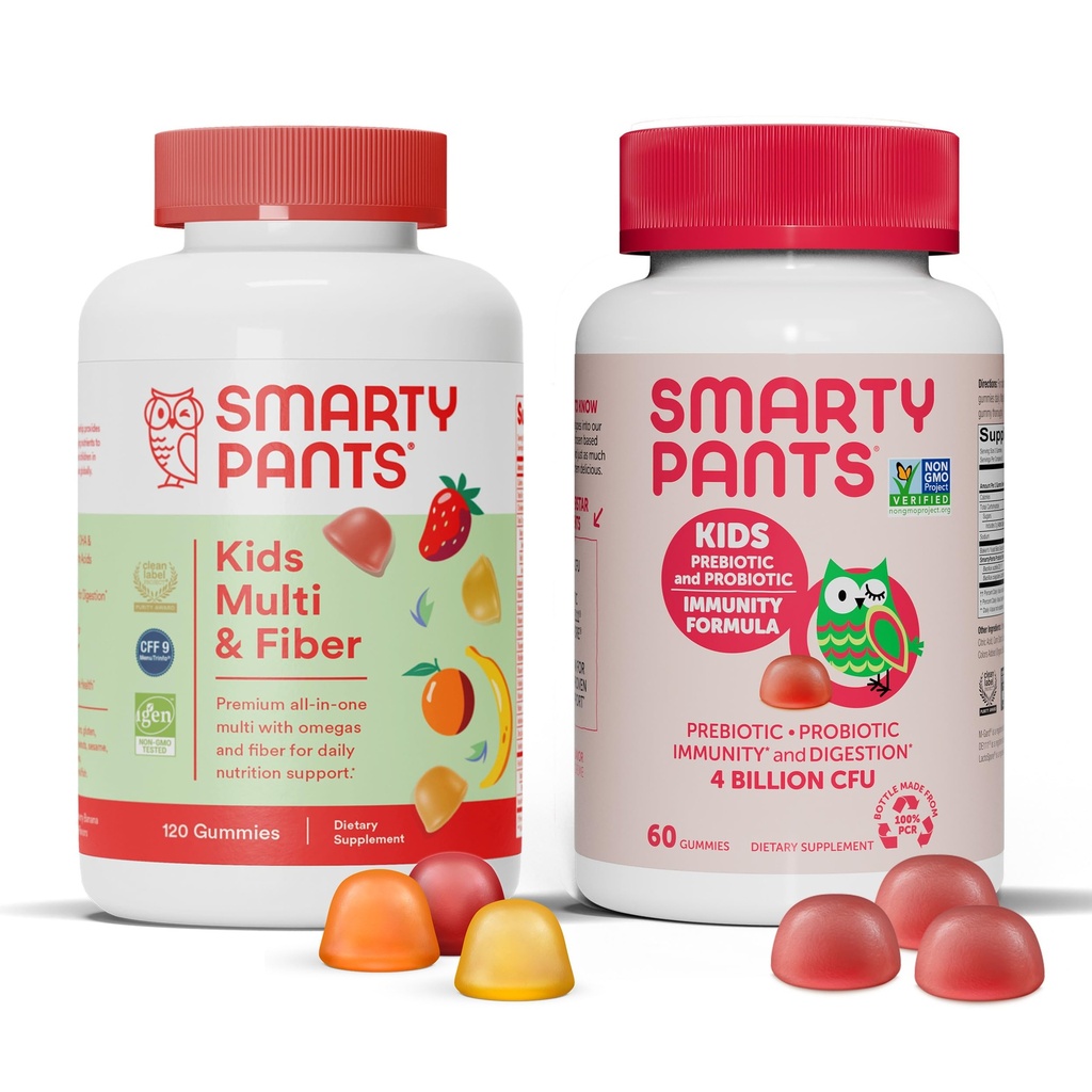 SmartyPants Kids Multivitamin Fiber Supplement Gummies and Probiotic Immunity Bundle: Omega 3 Fish Oil (EPA/DHA), Vitamin D3, C, Vitamin B12, B6, Digestive & Immune Support Supplement (30 Day Supply)