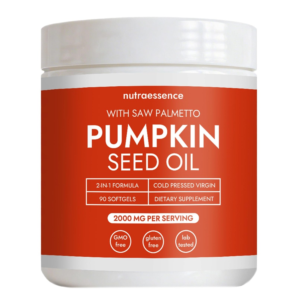 Nutra Essence Pumpkin Seed Oil with Saw Palmetto - Cold Pressed, Pure Virgin Oil with Essential Fatty Acids & Phytosterols - Supports Hair, Urinary, Bladder & Prostate Health - Non-GMO