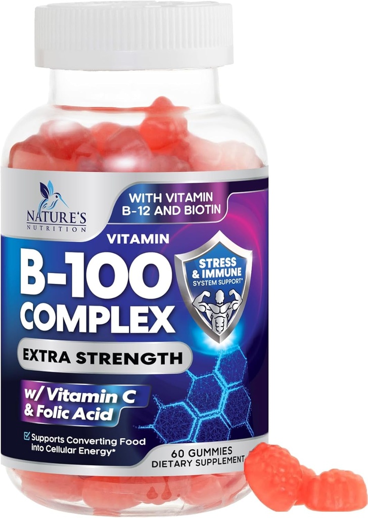 Suplemento complexo B Gummies con vitamina C & ácido fólico, Gummy de vitamina B con Niacina, B6, ácido fólico, B12, Biotina, Suplementos inmunes á enerxía da natureza - 60 Gummies