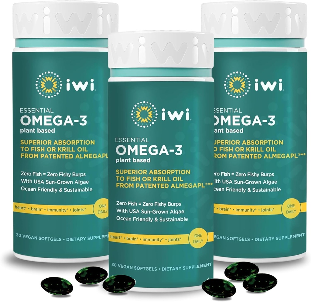 Iwi Omega-3 esencial, 90 Softgels (90 porcións), Algae Omega 3 baseado en plantas con EPA + DHA, Cerebro, Heart & Immune Support Dietary Supplement, Krill & Fish Oil Alternative, Non Fishy Aftertaste
