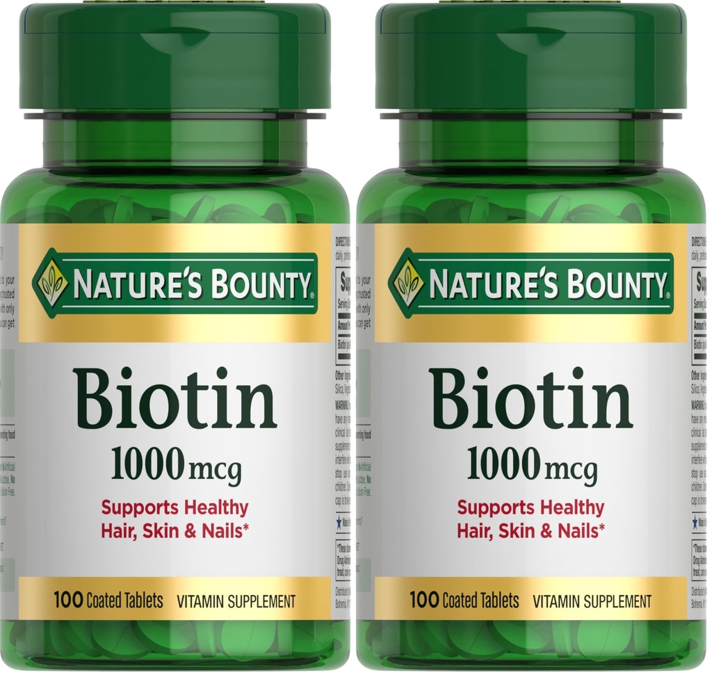 Nature's Bounty Biotin, Supports Metabolism for Energy and Healthy Hair, Skin, and Nails, 1000 mcg, 100 Tablets (Pack of 2)